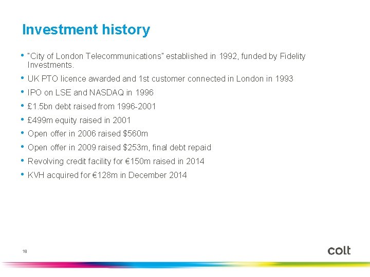 Investment history • “City of London Telecommunications” established in 1992, funded by Fidelity Investments.