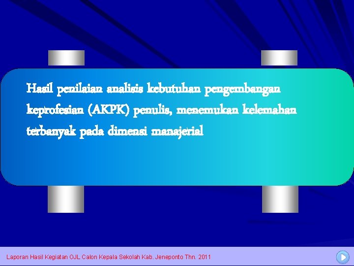 Hasil penilaian analisis kebutuhan pengembangan keprofesian (AKPK) penulis, menemukan kelemahan terbanyak pada dimensi manajerial