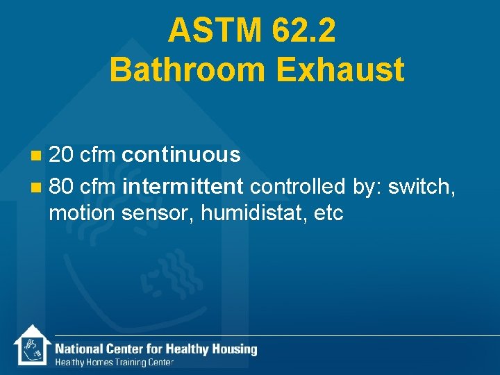 ASTM 62. 2 Bathroom Exhaust 20 cfm continuous n 80 cfm intermittent controlled by: