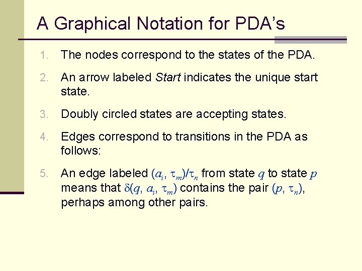 A Graphical Notation for PDA’s 1. The nodes correspond to the states of the