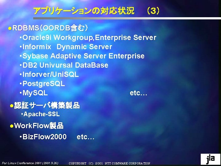 アプリケーションの対応状況 (3) ●RDBMS(OORDB含む) ・Oracle 9 i Workgroup, Enterprise Server ・Informix Dynamic Server ・Sybase Adaptive Server Enterprise アプリケーションの対応状況 (3) ●RDBMS(OORDB含む) ・Oracle 9 i Workgroup, Enterprise Server ・Informix Dynamic Server ・Sybase Adaptive Server Enterprise