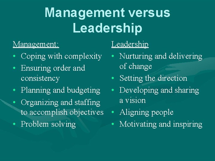 Management versus Leadership Management: • Coping with complexity • Ensuring order and consistency • Management versus Leadership Management: • Coping with complexity • Ensuring order and consistency •