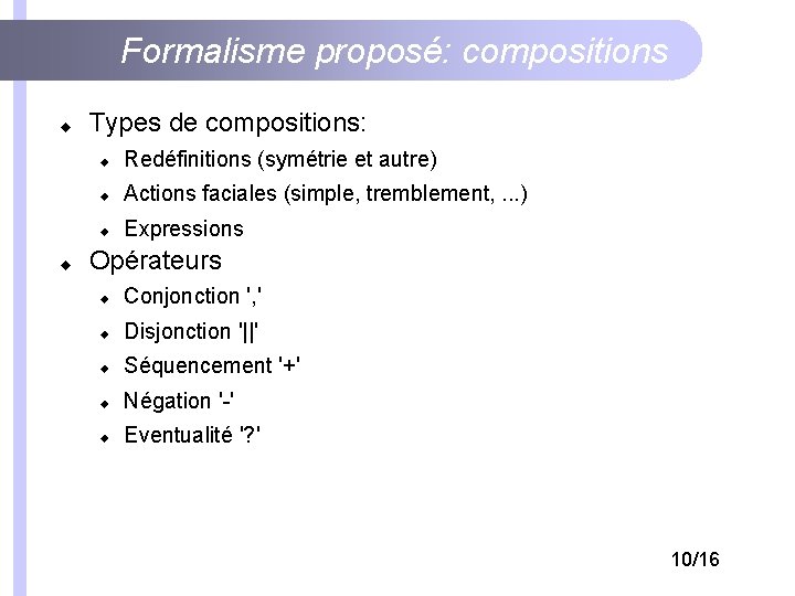 Formalisme proposé: compositions Types de compositions: Redéfinitions (symétrie et autre) Actions faciales (simple, tremblement,