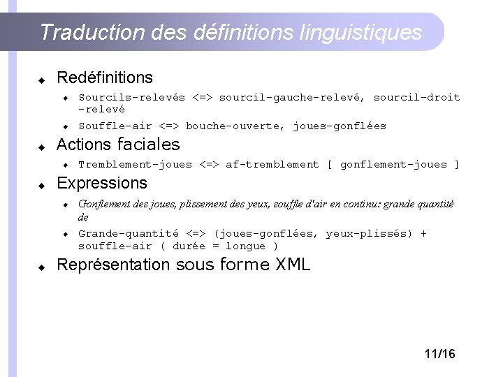 Traduction des définitions linguistiques Redéfinitions Tremblement-joues <=> af-tremblement [ gonflement-joues ] Expressions Souffle-air <=>