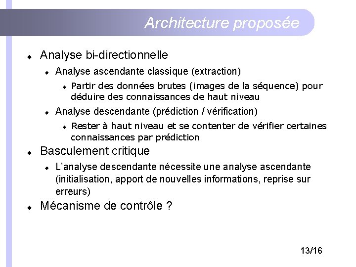 Architecture proposée Analyse bi-directionnelle Analyse ascendante classique (extraction) Analyse descendante (prédiction / vérification) Rester