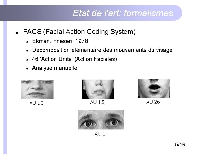 Etat de l'art: formalismes FACS (Facial Action Coding System) Ekman, Friesen, 1978 Décomposition élémentaire Etat de l'art: formalismes FACS (Facial Action Coding System) Ekman, Friesen, 1978 Décomposition élémentaire