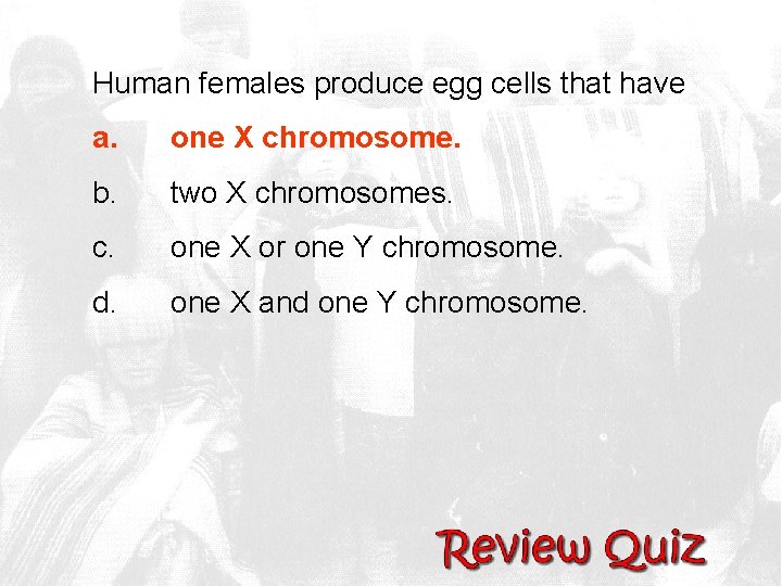 Human females produce egg cells that have a. one X chromosome. b. two X
