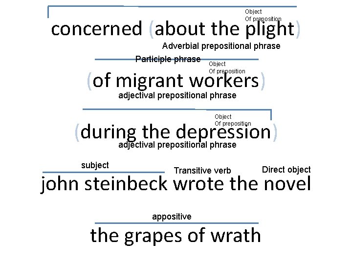 Object Of preposition concerned (about the plight) Adverbial prepositional phrase Participle phrase Object (of