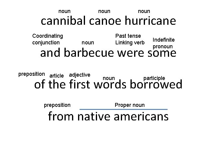 noun cannibal canoe hurricane Coordinating conjunction Past tense Linking verb noun Indefinite pronoun and