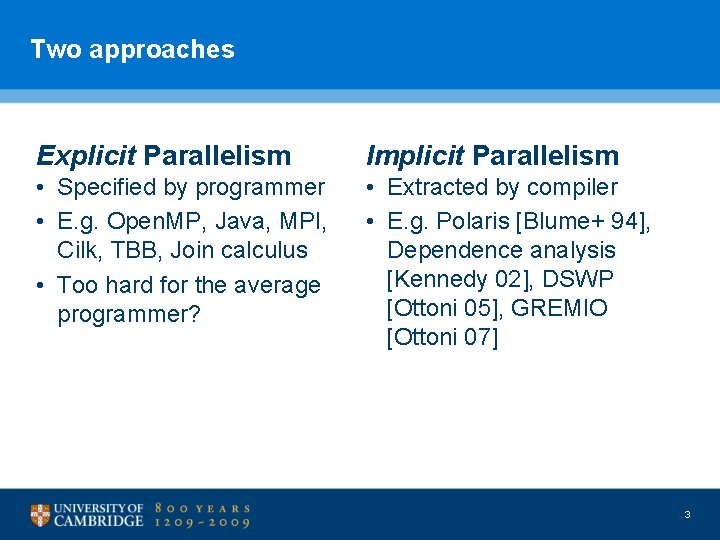 Two approaches Explicit Parallelism Implicit Parallelism • Specified by programmer • E. g. Open.