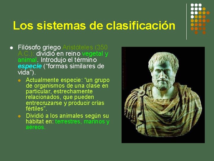 Los sistemas de clasificación l Filósofo griego Aristóteles (350 A. C. ): dividió en