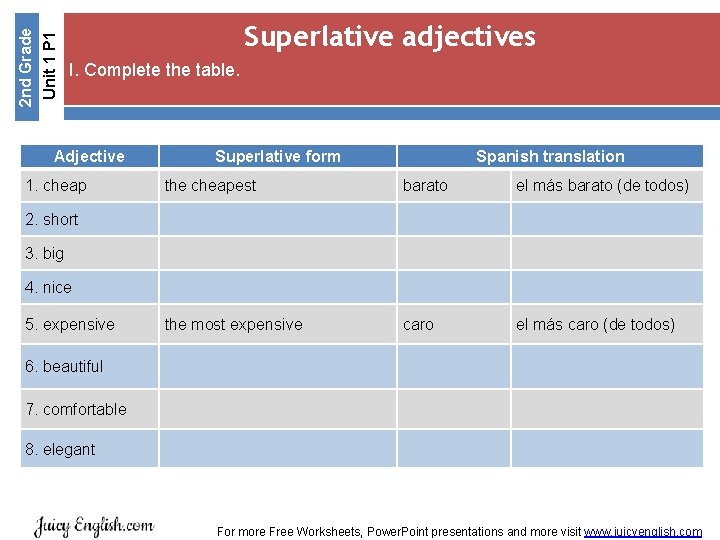 Unit 1 P 1 2 nd Grade Superlative adjectives I. Complete the table. Adjective