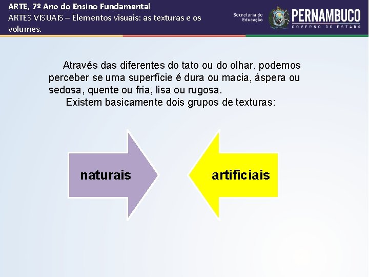 ARTE, 7º Ano do Ensino Fundamental ARTES VISUAIS – Elementos visuais: as texturas e