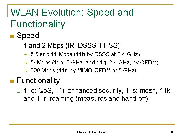 WLAN Evolution: Speed and Functionality n Speed 1 and 2 Mbps (IR, DSSS, FHSS)