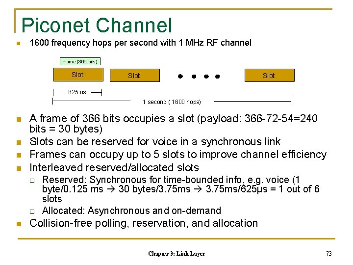 Piconet Channel n 1600 frequency hops per second with 1 MHz RF channel frame