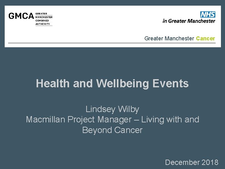 Greater Manchester Cancer Health and Wellbeing Events Lindsey Wilby Macmillan Project Manager – Living