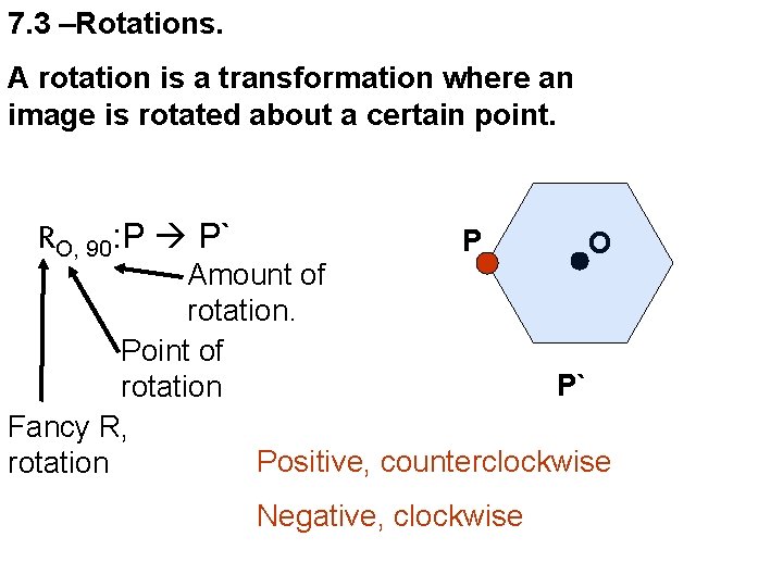 7. 3 –Rotations. A rotation is a transformation where an image is rotated about