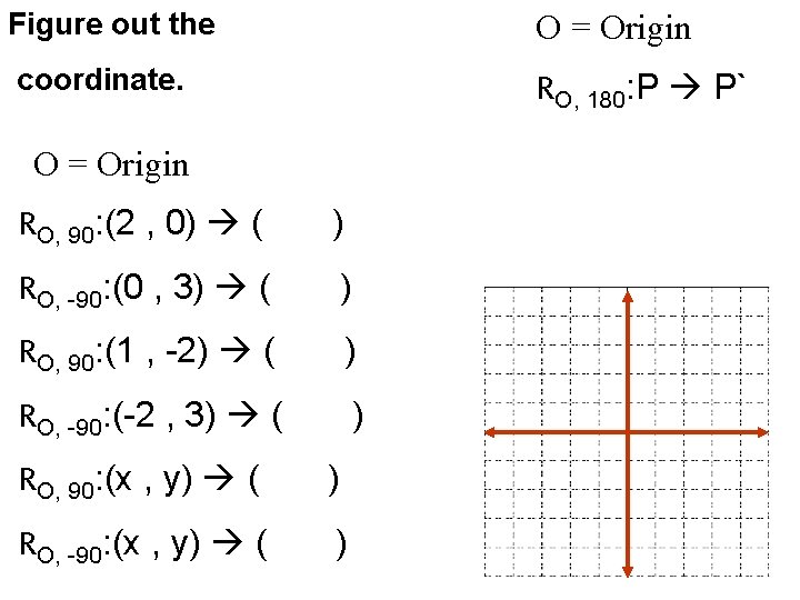 Figure out the O = Origin coordinate. RO, 180: P P` O = Origin
