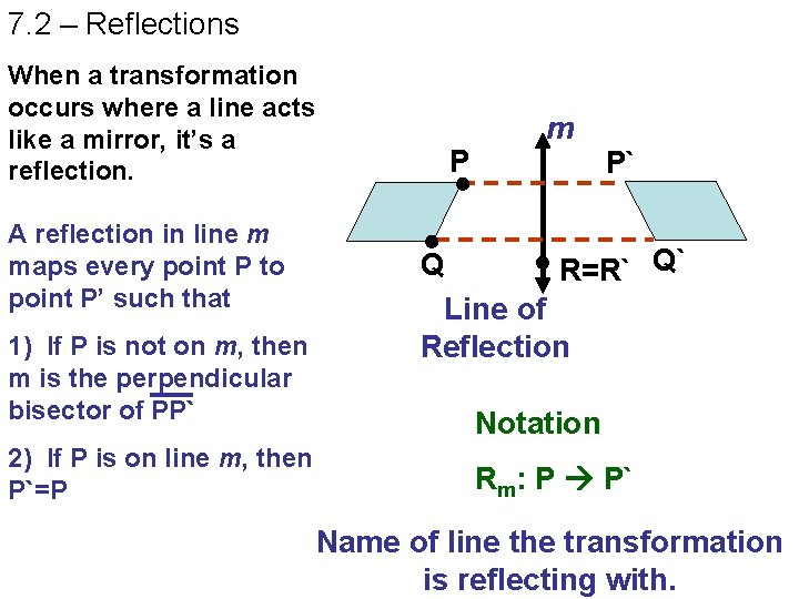 7. 2 – Reflections When a transformation occurs where a line acts like a