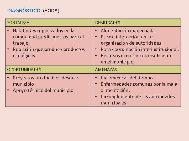 DIAGNÓSTICO: (FODA) FORTALEZA DEBILIDADES • Habitantes organizados en la comunidad predispuestos para el trabajo.