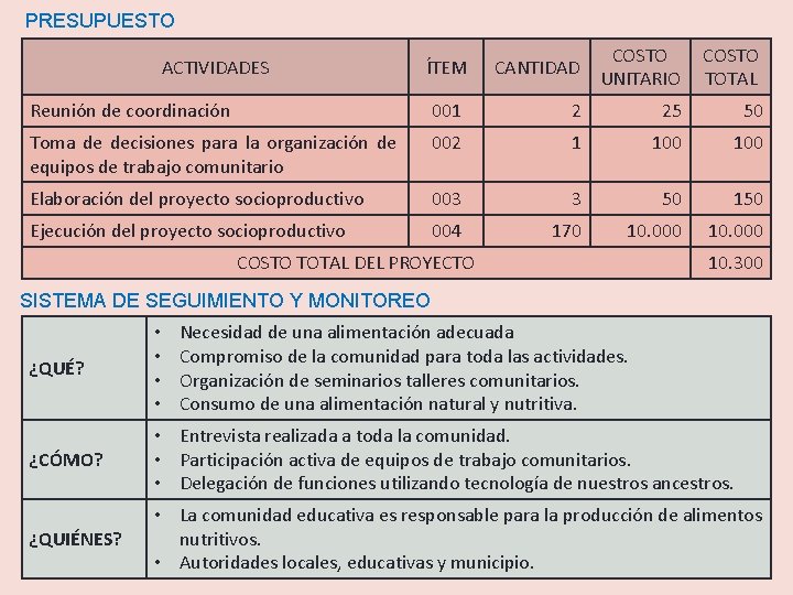 PRESUPUESTO ÍTEM CANTIDAD COSTO UNITARIO COSTO TOTAL Reunión de coordinación 001 2 25 50