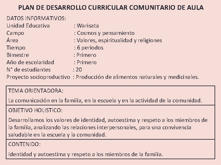 PLAN DE DESARROLLO CURRICULAR COMUNITARIO DE AULA DATOS INFORMATIVOS: Unidad Educativa Campo Área Tiempo