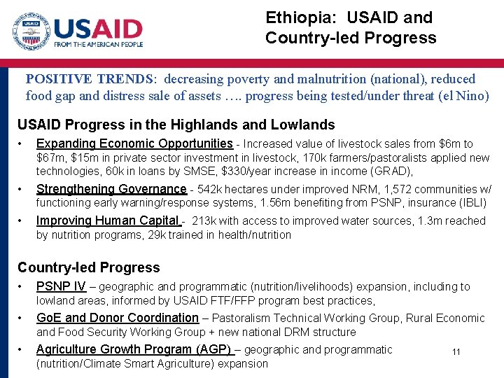 Ethiopia: USAID and Country-led Progress POSITIVE TRENDS: decreasing poverty and malnutrition (national), reduced food