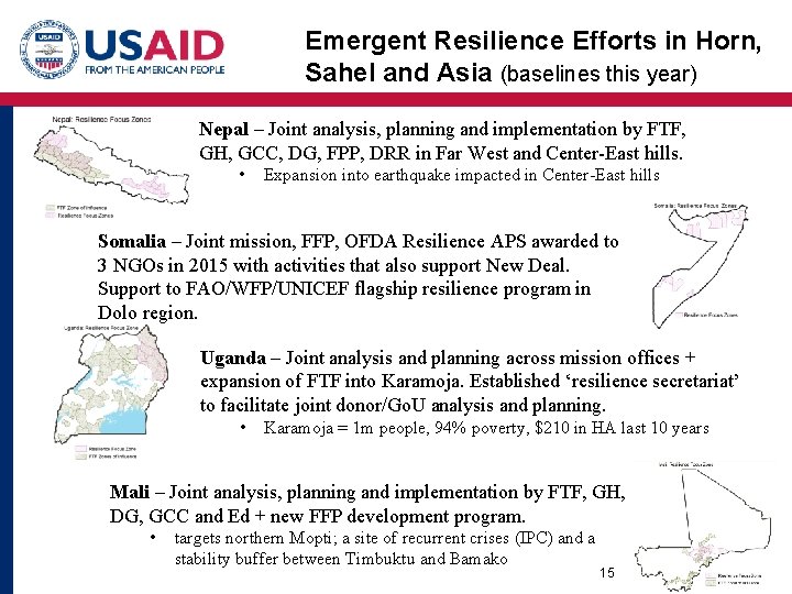 Emergent Resilience Efforts in Horn, Sahel and Asia (baselines this year) Nepal – Joint