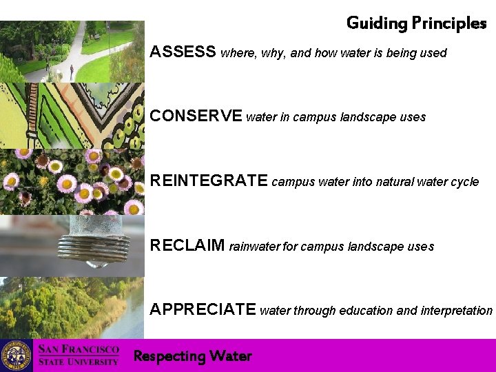 Guiding Principles ASSESS where, why, and how water is being used CONSERVE water in