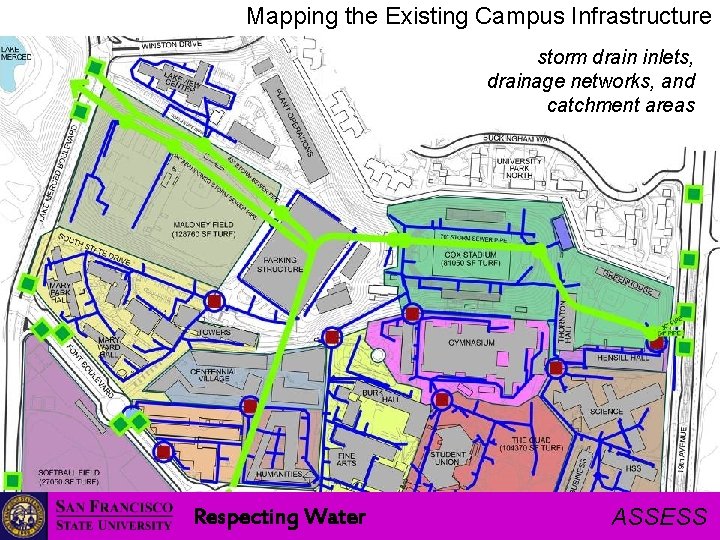 Mapping the Existing Campus Infrastructure storm drain inlets, drainage networks, and catchment areas Respecting