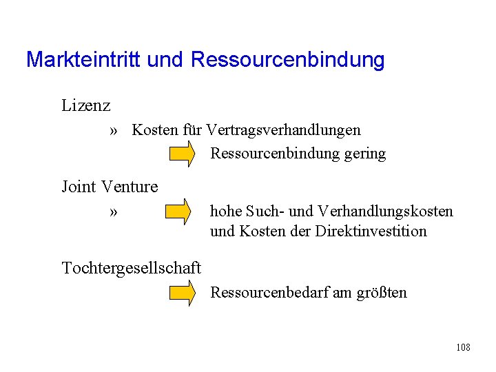 Markteintritt und Ressourcenbindung Lizenz » Kosten für Vertragsverhandlungen Ressourcenbindung gering Joint Venture » hohe Markteintritt und Ressourcenbindung Lizenz » Kosten für Vertragsverhandlungen Ressourcenbindung gering Joint Venture » hohe