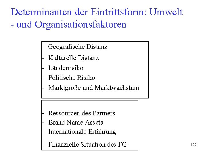 Determinanten der Eintrittsform: Umwelt - und Organisationsfaktoren - Geografische Distanz - Kulturelle Distanz Länderrisiko Determinanten der Eintrittsform: Umwelt - und Organisationsfaktoren - Geografische Distanz - Kulturelle Distanz Länderrisiko
