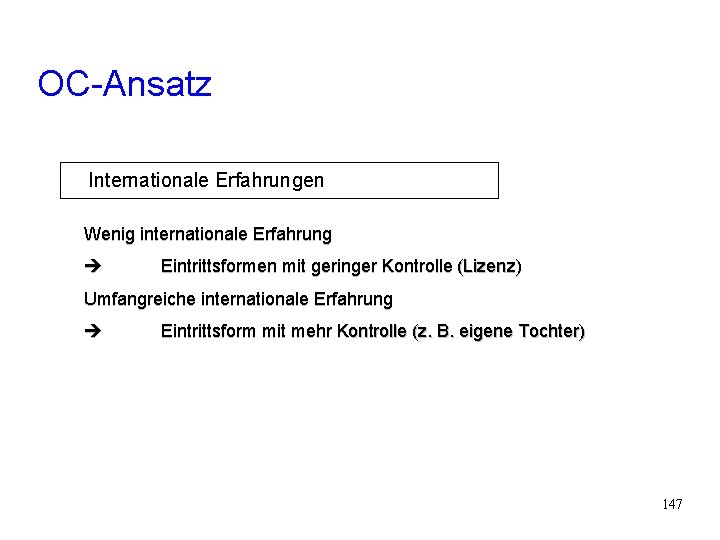 OC-Ansatz Internationale Erfahrungen Wenig internationale Erfahrung Eintrittsformen mit geringer Kontrolle (Lizenz) Umfangreiche internationale Erfahrung OC-Ansatz Internationale Erfahrungen Wenig internationale Erfahrung Eintrittsformen mit geringer Kontrolle (Lizenz) Umfangreiche internationale Erfahrung
