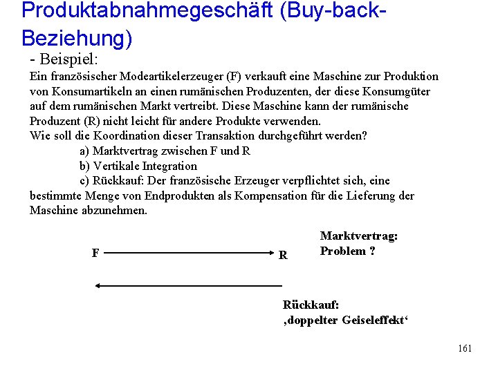 Produktabnahmegeschäft (Buy-back. Beziehung) - Beispiel: Ein französischer Modeartikelerzeuger (F) verkauft eine Maschine zur Produktion Produktabnahmegeschäft (Buy-back. Beziehung) - Beispiel: Ein französischer Modeartikelerzeuger (F) verkauft eine Maschine zur Produktion