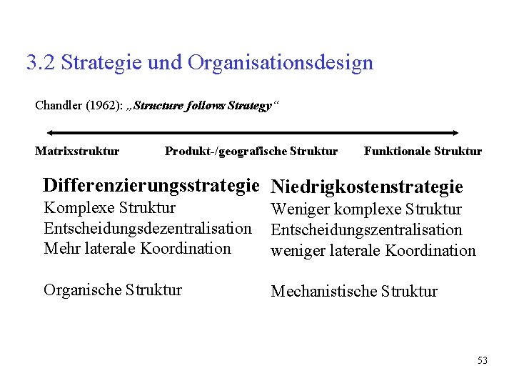 3. 2 Strategie und Organisationsdesign Chandler (1962): „Structure follows Strategy“ Matrixstruktur Produkt-/geografische Struktur Funktionale 3. 2 Strategie und Organisationsdesign Chandler (1962): „Structure follows Strategy“ Matrixstruktur Produkt-/geografische Struktur Funktionale