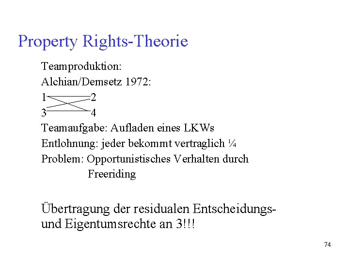 Property Rights-Theorie Teamproduktion: Alchian/Demsetz 1972: 1 2 3 4 Teamaufgabe: Aufladen eines LKWs Entlohnung: Property Rights-Theorie Teamproduktion: Alchian/Demsetz 1972: 1 2 3 4 Teamaufgabe: Aufladen eines LKWs Entlohnung:
