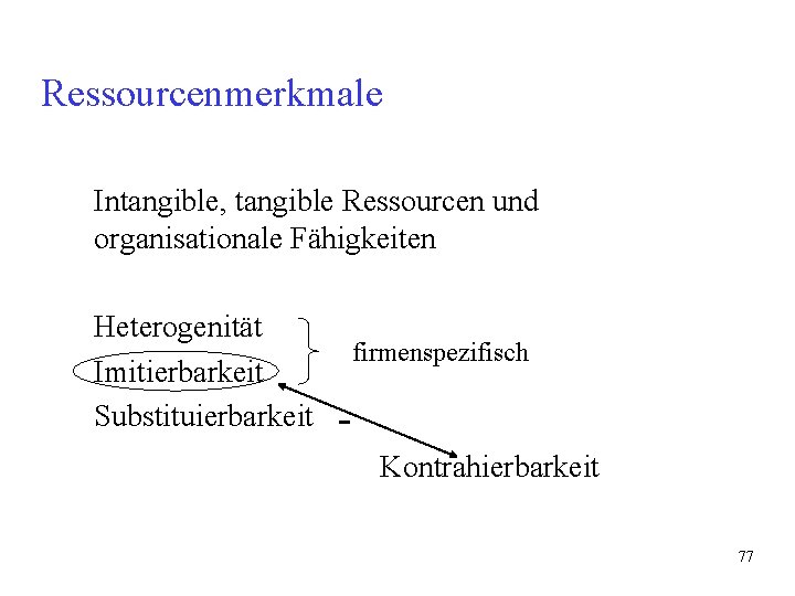 Ressourcenmerkmale Intangible, tangible Ressourcen und organisationale Fähigkeiten Heterogenität Imitierbarkeit Substituierbarkeit firmenspezifisch Kontrahierbarkeit 77 Ressourcenmerkmale Intangible, tangible Ressourcen und organisationale Fähigkeiten Heterogenität Imitierbarkeit Substituierbarkeit firmenspezifisch Kontrahierbarkeit 77