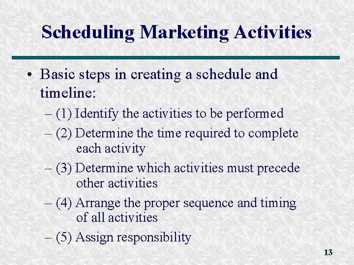 Scheduling Marketing Activities • Basic steps in creating a schedule and timeline: – (1)