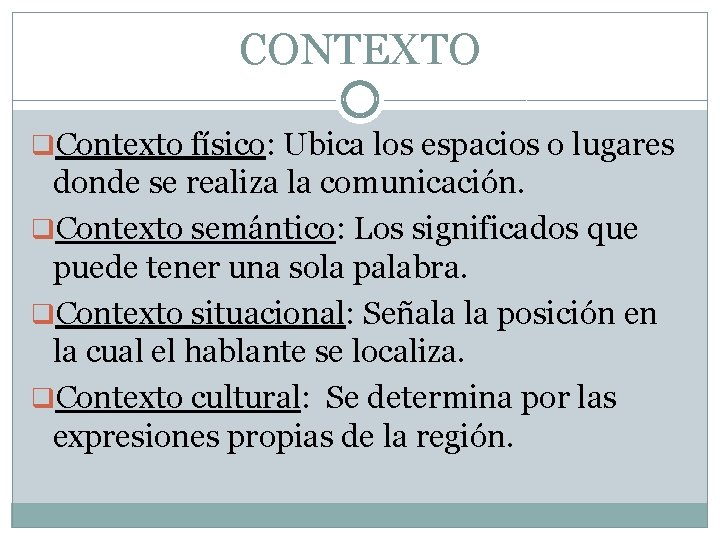 CONTEXTO q. Contexto físico: Ubica los espacios o lugares donde se realiza la comunicación.