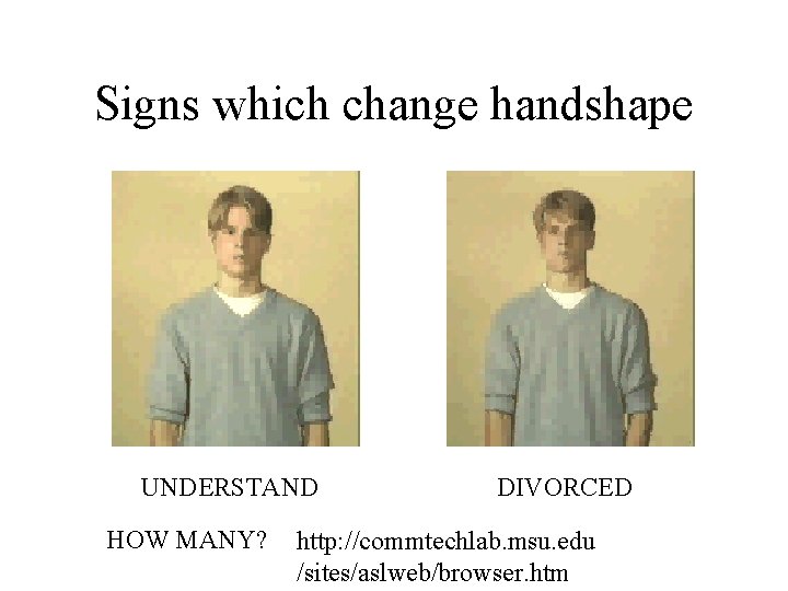 Signs which change handshape UNDERSTAND HOW MANY? DIVORCED http: //commtechlab. msu. edu /sites/aslweb/browser. htm