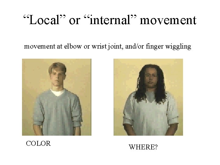 “Local” or “internal” movement at elbow or wrist joint, and/or finger wiggling COLOR WHERE?