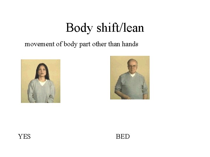 Body shift/lean movement of body part other than hands YES BED Body shift/lean movement of body part other than hands YES BED