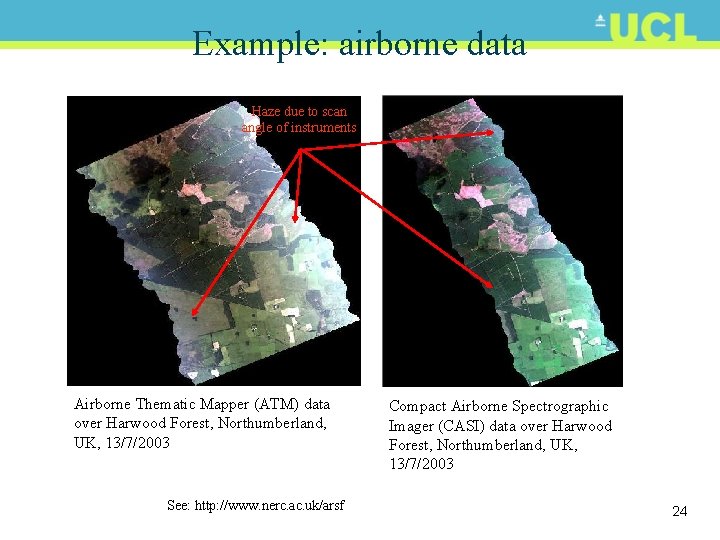 Example: airborne data Haze due to scan angle of instruments Airborne Thematic Mapper (ATM)