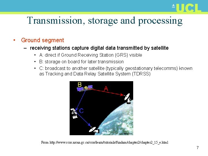 Transmission, storage and processing • Ground segment – receiving stations capture digital data transmitted