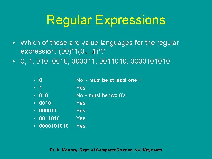 Regular Expressions • Which of these are value languages for the regular expression: (00)*1(0