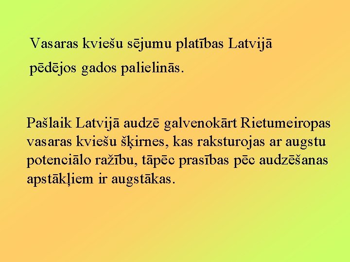 Vasaras kviešu sējumu platības Latvijā pēdējos gados palielinās. Pašlaik Latvijā audzē galvenokārt Rietumeiropas vasaras