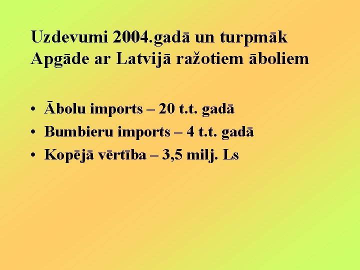 Uzdevumi 2004. gadā un turpmāk Apgāde ar Latvijā ražotiem āboliem • Ābolu imports –