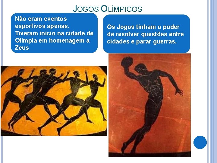 JOGOS OLÍMPICOS Não eram eventos esportivos apenas. Tiveram inicio na cidade de Olímpia em