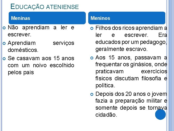 EDUCAÇÃO ATENIENSE Meninas Não aprendiam a ler e escrever. Aprendiam serviços domésticos. Se casavam