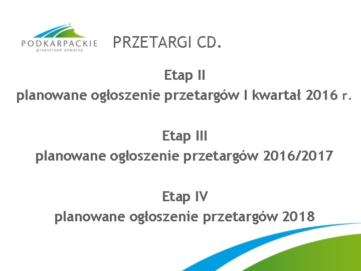 PRZETARGI CD. Etap II planowane ogłoszenie przetargów I kwartał 2016 r. Etap III planowane